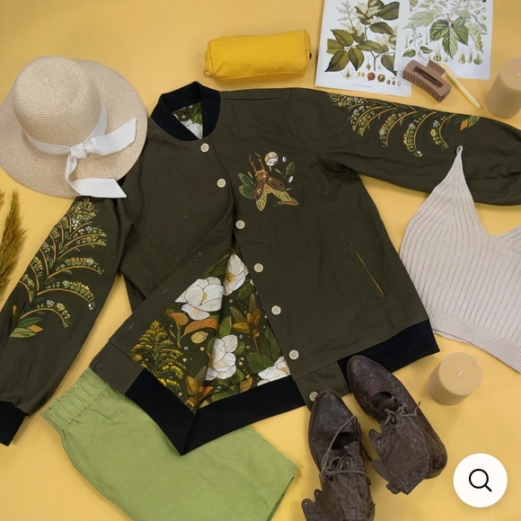 Embroidered Olive Bomber Jacket - Picture 3 of 12